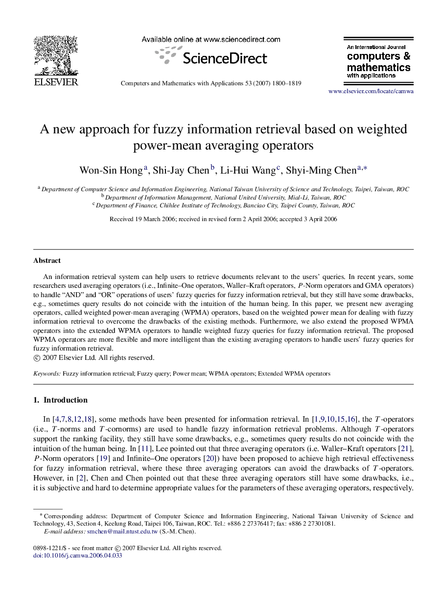 A new approach for fuzzy information retrieval based on weighted power-mean averaging operators