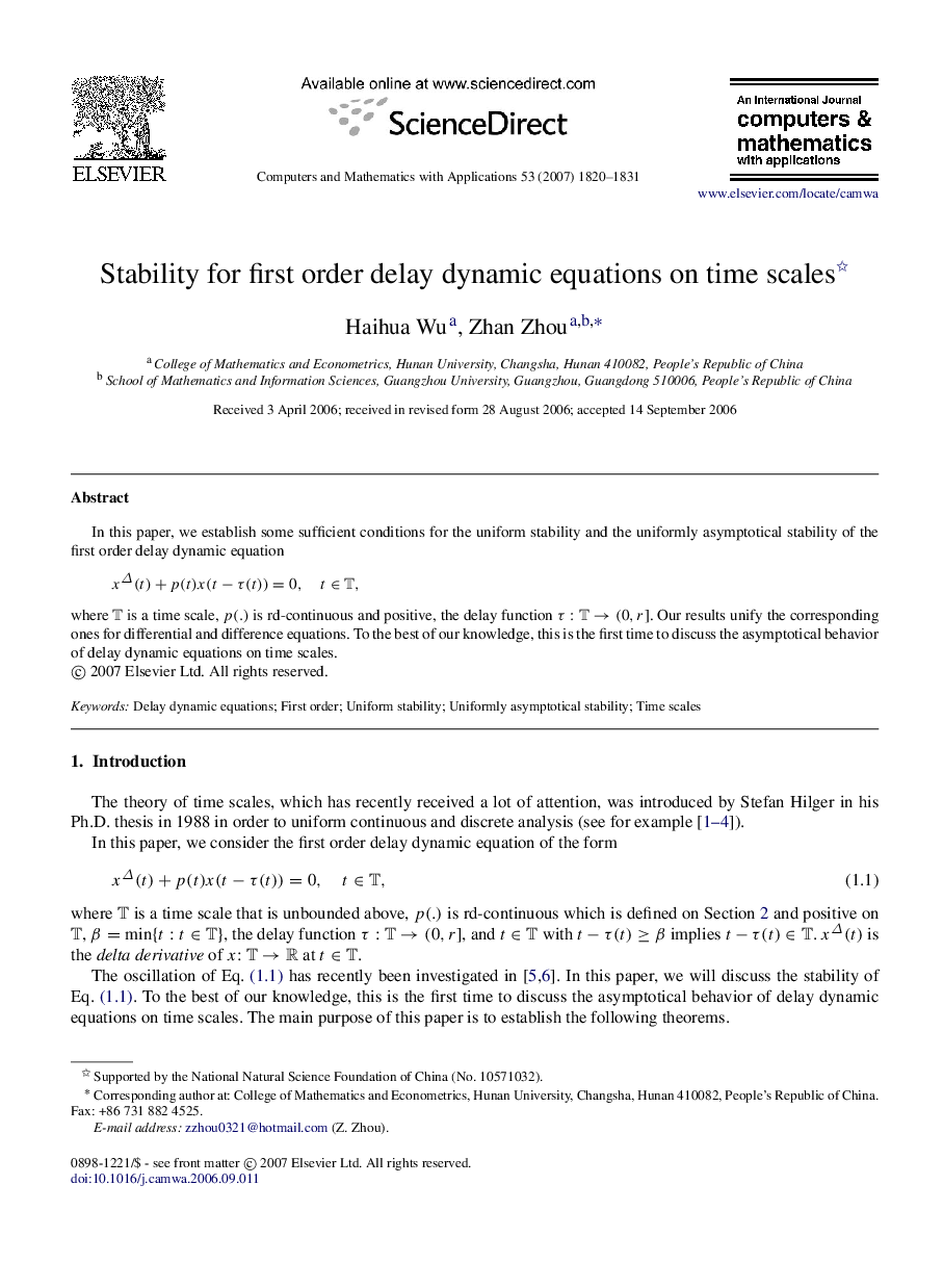 Stability for first order delay dynamic equations on time scales 