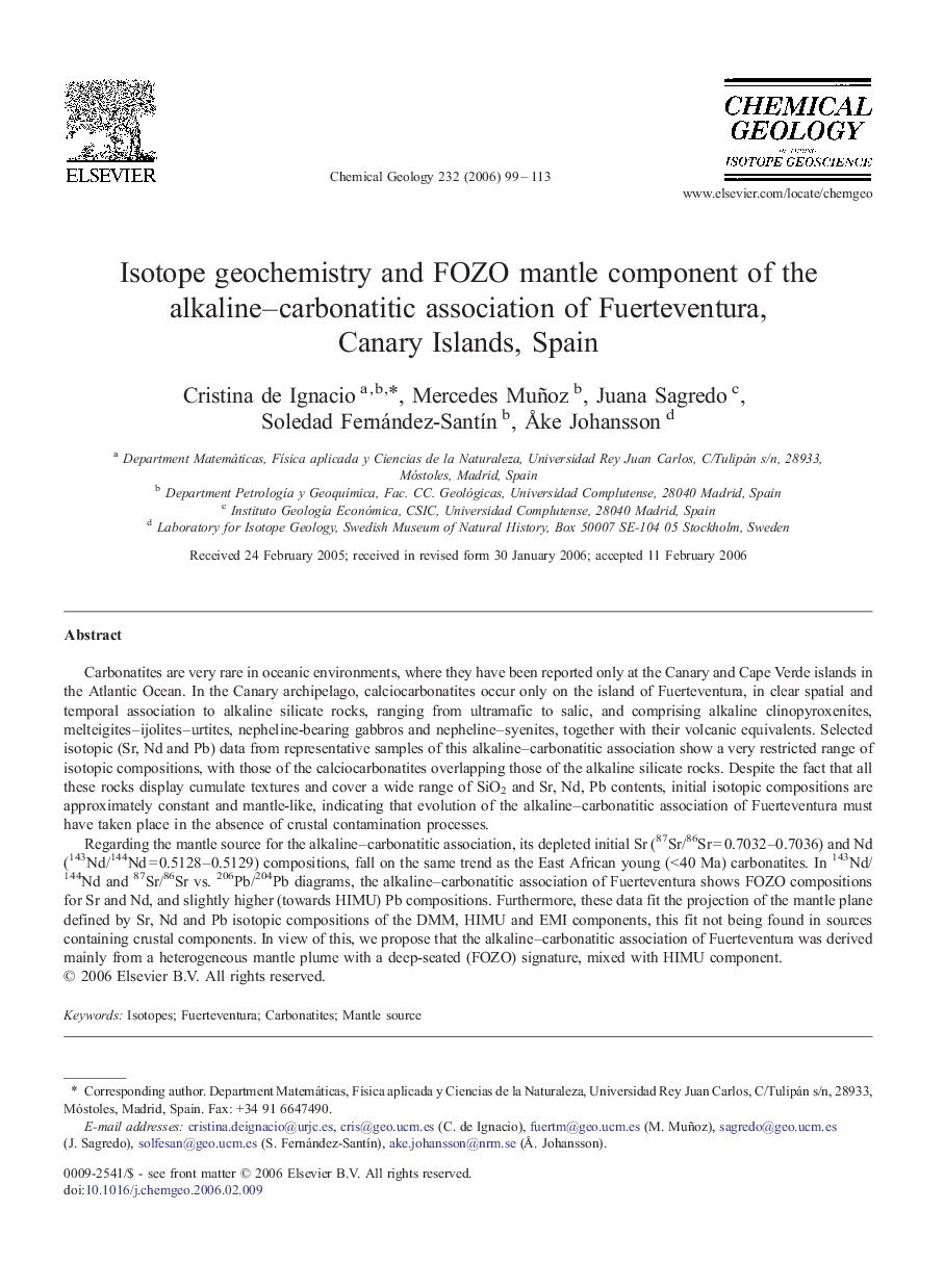 Isotope geochemistry and FOZO mantle component of the alkaline–carbonatitic association of Fuerteventura, Canary Islands, Spain