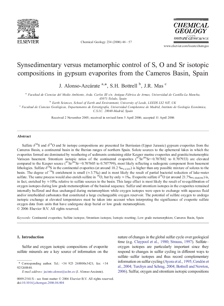 Synsedimentary versus metamorphic control of S, O and Sr isotopic compositions in gypsum evaporites from the Cameros Basin, Spain