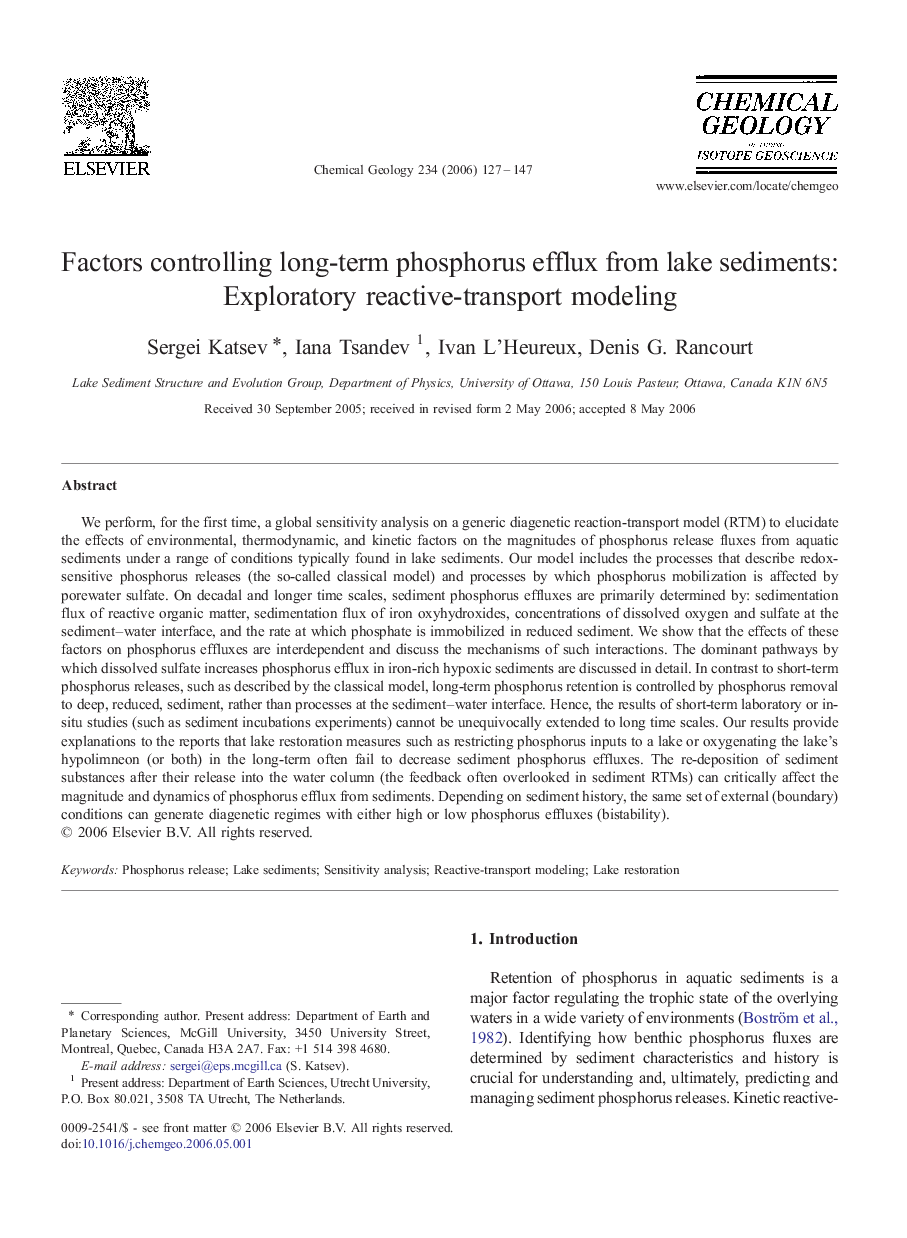 Factors controlling long-term phosphorus efflux from lake sediments: Exploratory reactive-transport modeling