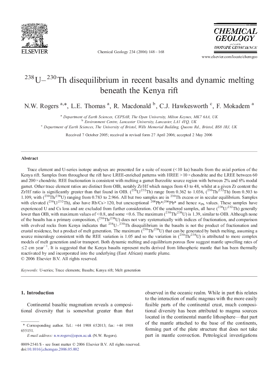 238U–230Th disequilibrium in recent basalts and dynamic melting beneath the Kenya rift