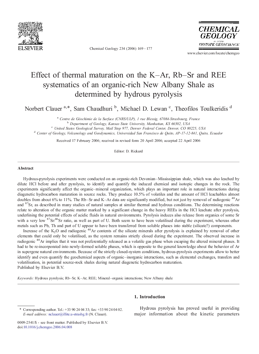 Effect of thermal maturation on the K-Ar, Rb-Sr and REE systematics of an organic-rich New Albany Shale as determined by hydrous pyrolysis