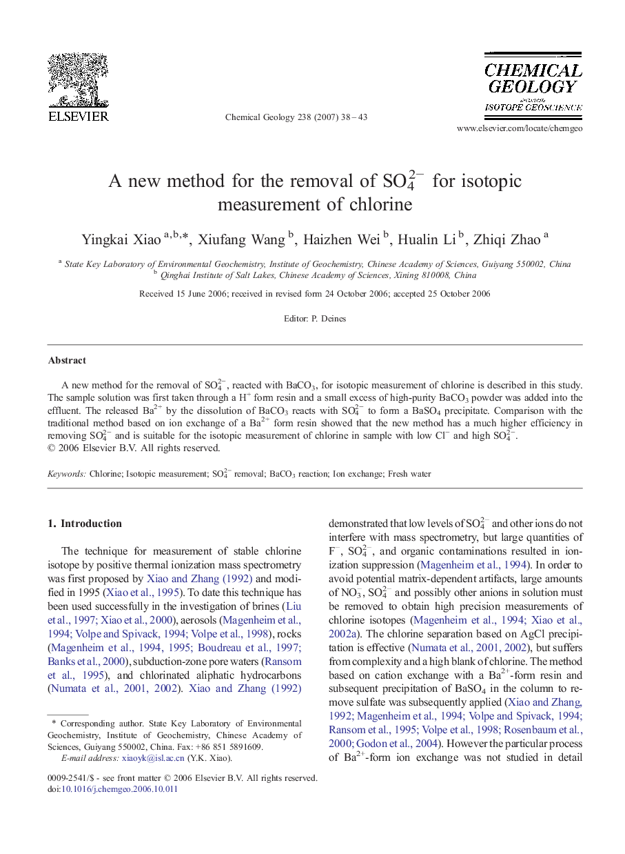 A new method for the removal of SO42â for isotopic measurement of chlorine