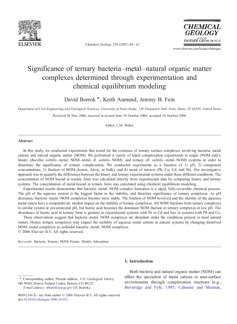 Significance of ternary bacteria–metal–natural organic matter complexes determined through experimentation and chemical equilibrium modeling