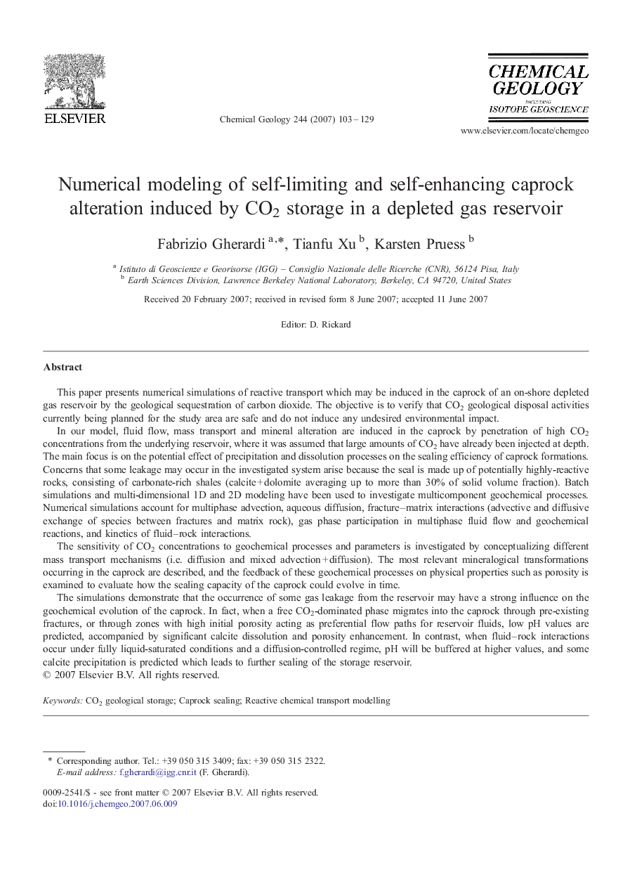 Numerical modeling of self-limiting and self-enhancing caprock alteration induced by CO2 storage in a depleted gas reservoir