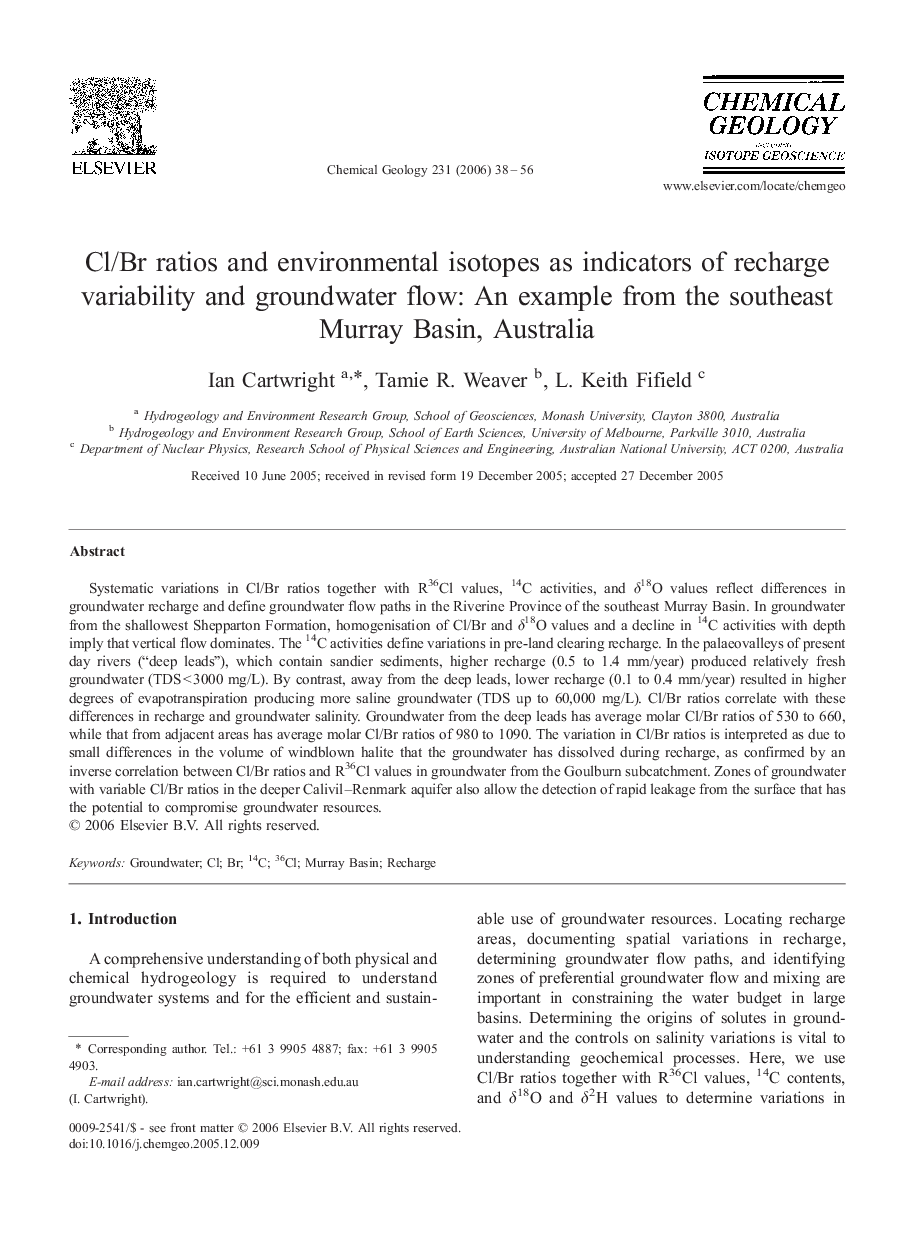 Cl/Br ratios and environmental isotopes as indicators of recharge variability and groundwater flow: An example from the southeast Murray Basin, Australia