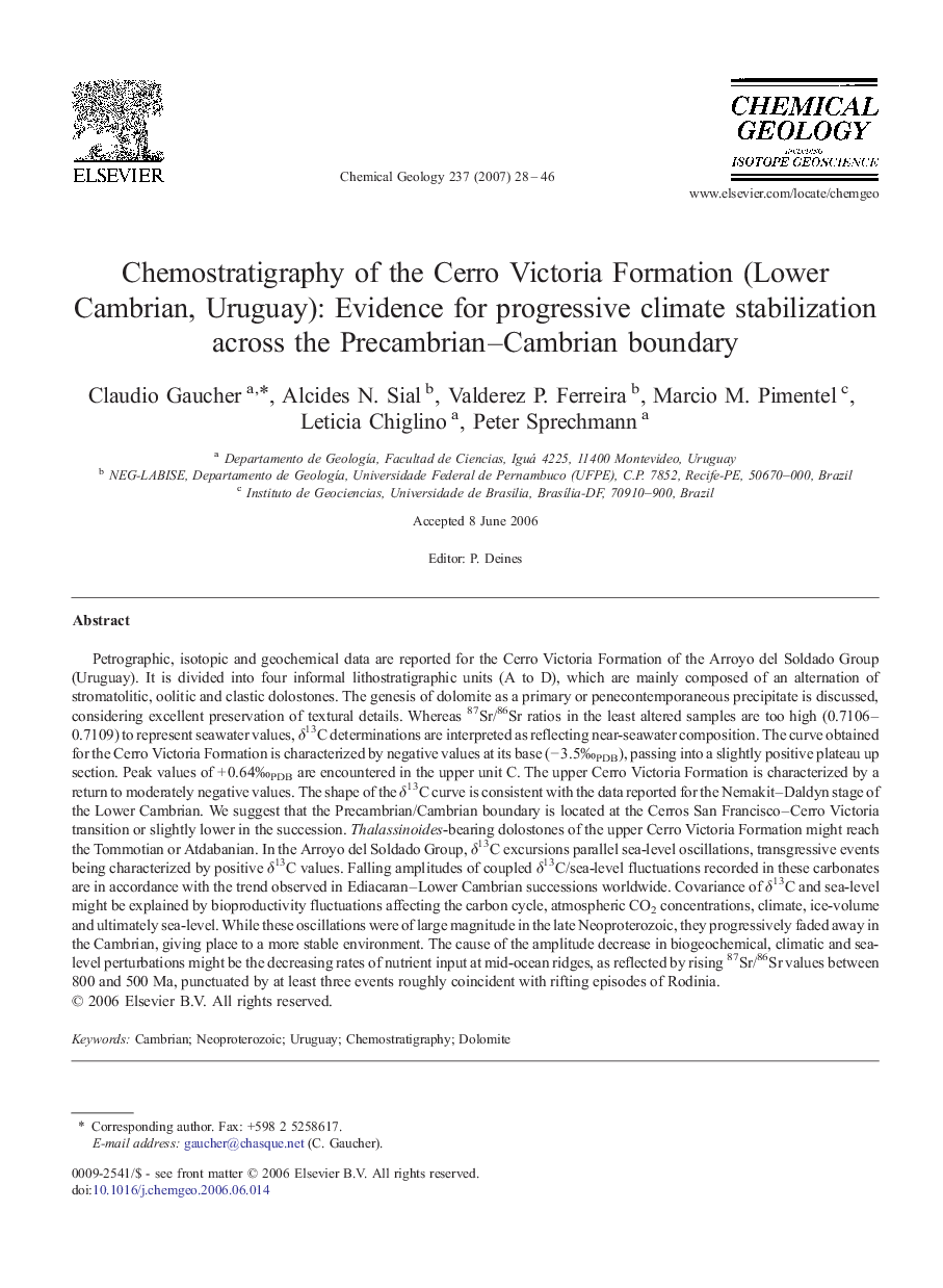 Chemostratigraphy of the Cerro Victoria Formation (Lower Cambrian, Uruguay): Evidence for progressive climate stabilization across the Precambrian–Cambrian boundary