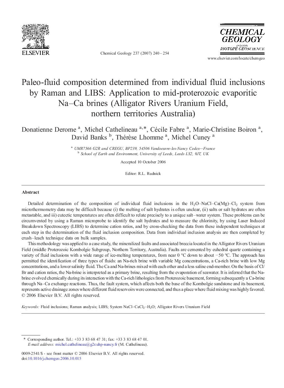 Paleo-fluid composition determined from individual fluid inclusions by Raman and LIBS: Application to mid-proterozoic evaporitic Na–Ca brines (Alligator Rivers Uranium Field, northern territories Australia)