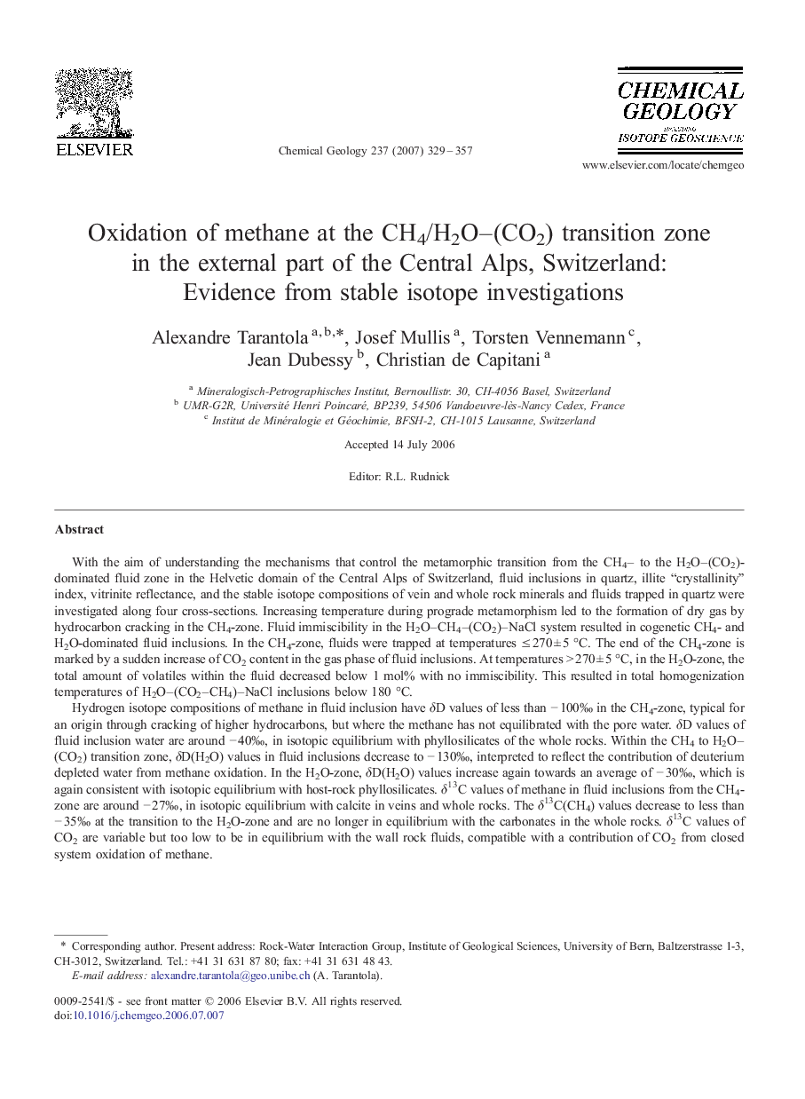 Oxidation of methane at the CH4/H2O–(CO2) transition zone in the external part of the Central Alps, Switzerland: Evidence from stable isotope investigations