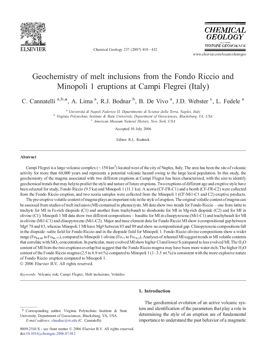 Geochemistry of melt inclusions from the Fondo Riccio and Minopoli 1 eruptions at Campi Flegrei (Italy)