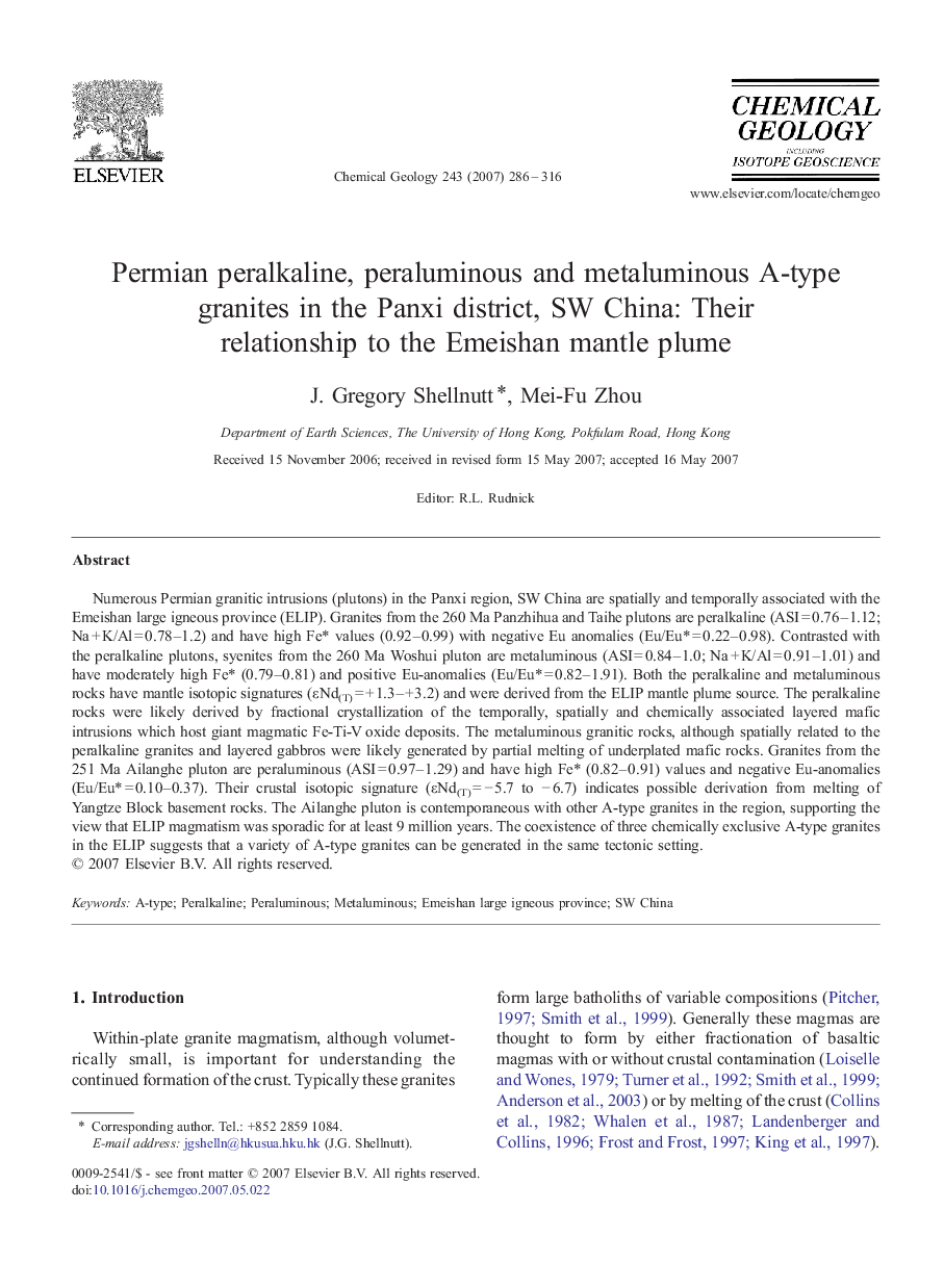 Permian peralkaline, peraluminous and metaluminous A-type granites in the Panxi district, SW China: Their relationship to the Emeishan mantle plume