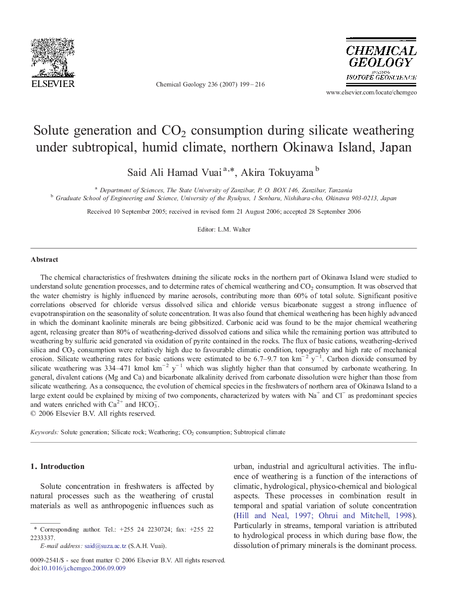 Solute generation and CO2 consumption during silicate weathering under subtropical, humid climate, northern Okinawa Island, Japan