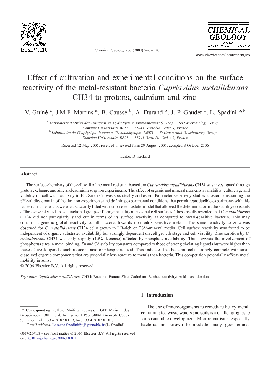 Effect of cultivation and experimental conditions on the surface reactivity of the metal-resistant bacteria Cupriavidus metallidurans CH34 to protons, cadmium and zinc
