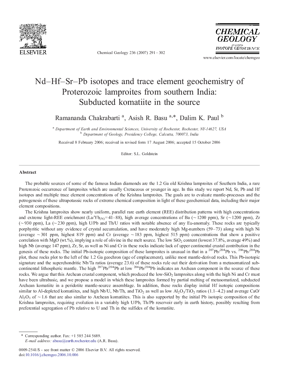 Nd–Hf–Sr–Pb isotopes and trace element geochemistry of Proterozoic lamproites from southern India: Subducted komatiite in the source