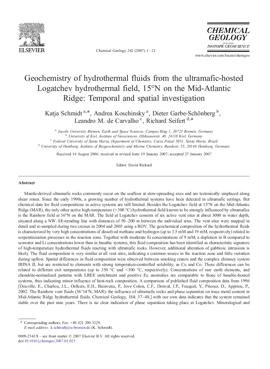 Geochemistry of hydrothermal fluids from the ultramafic-hosted Logatchev hydrothermal field, 15°N on the Mid-Atlantic Ridge: Temporal and spatial investigation