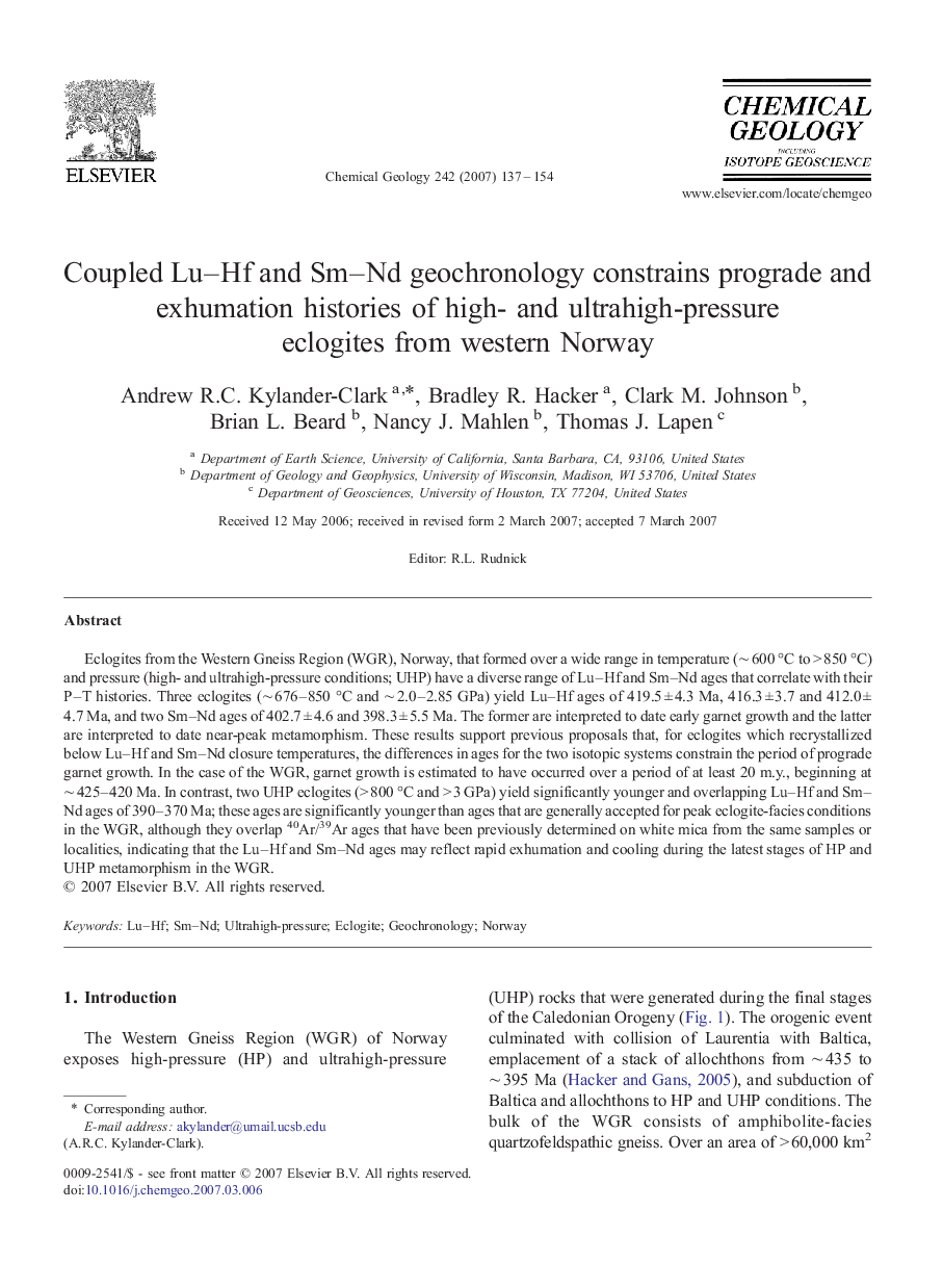 Coupled Lu–Hf and Sm–Nd geochronology constrains prograde and exhumation histories of high- and ultrahigh-pressure eclogites from western Norway