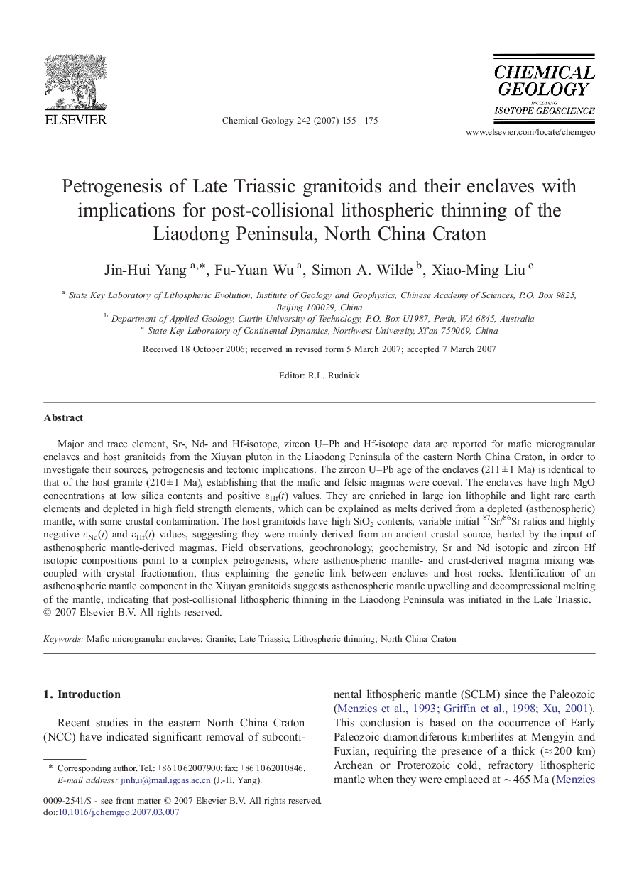 Petrogenesis of Late Triassic granitoids and their enclaves with implications for post-collisional lithospheric thinning of the Liaodong Peninsula, North China Craton