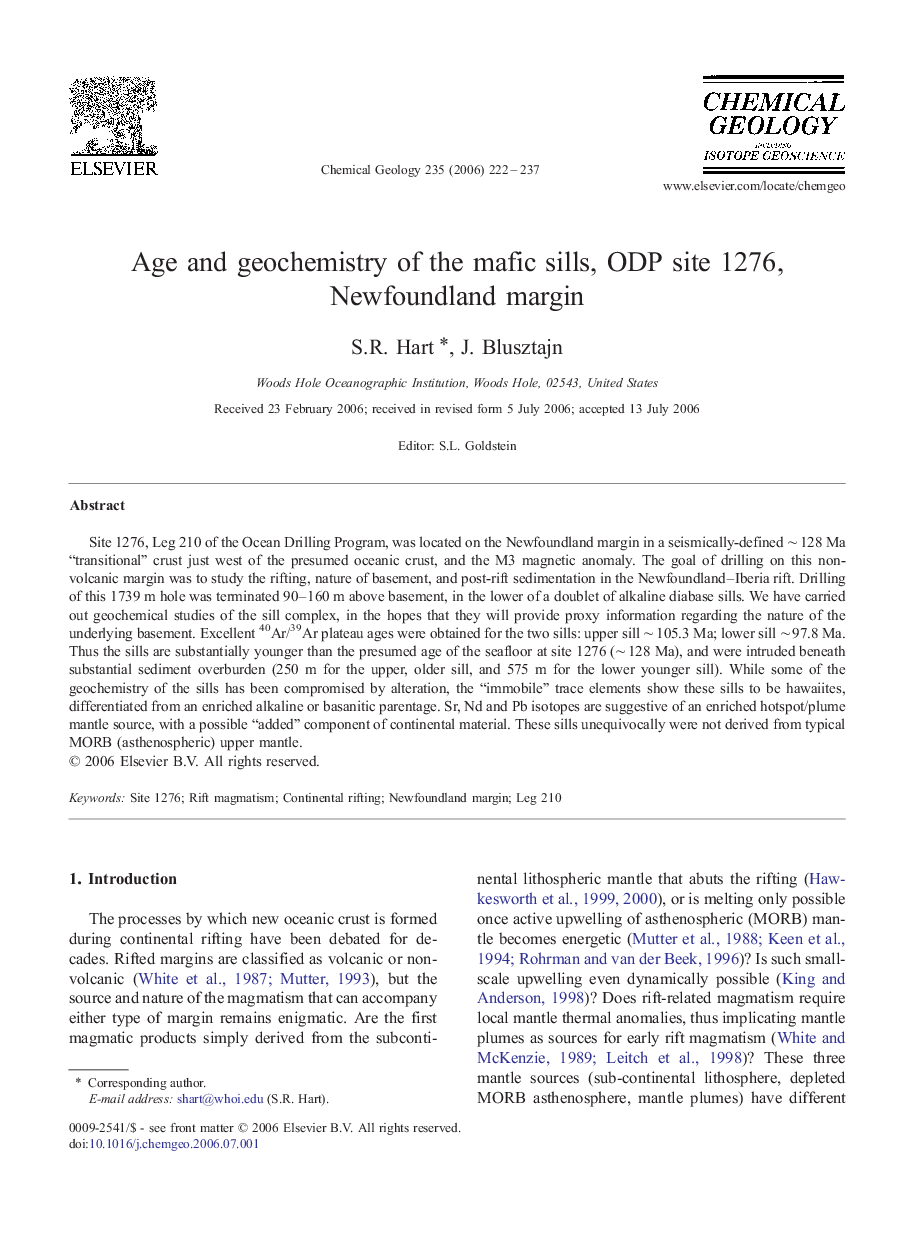 Age and geochemistry of the mafic sills, ODP site 1276, Newfoundland margin