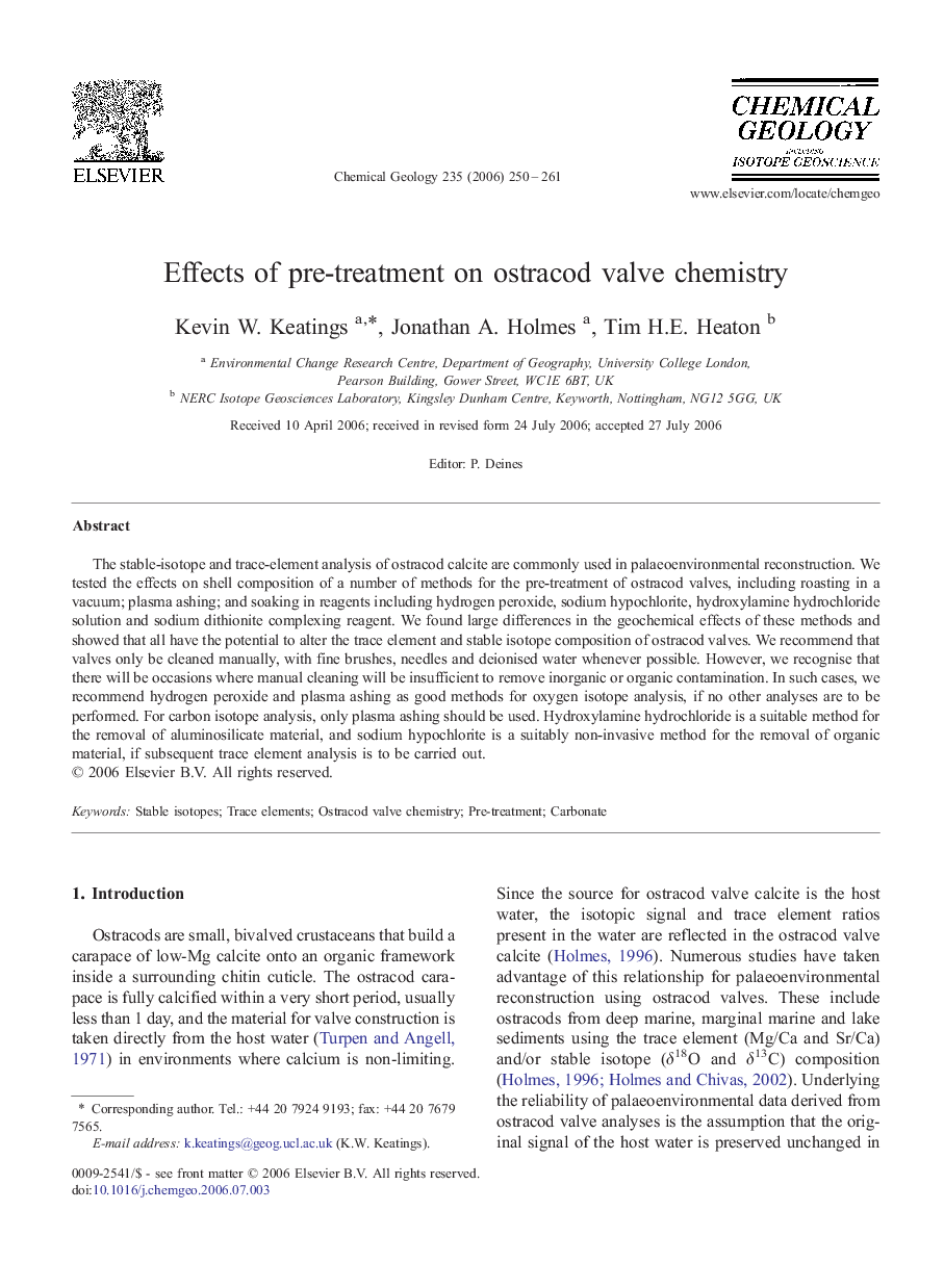 Effects of pre-treatment on ostracod valve chemistry