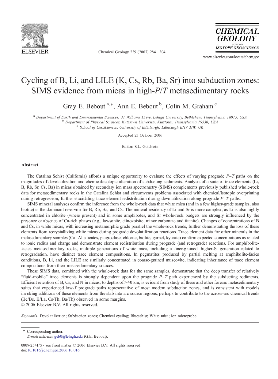 Cycling of B, Li, and LILE (K, Cs, Rb, Ba, Sr) into subduction zones: SIMS evidence from micas in high-P/T metasedimentary rocks