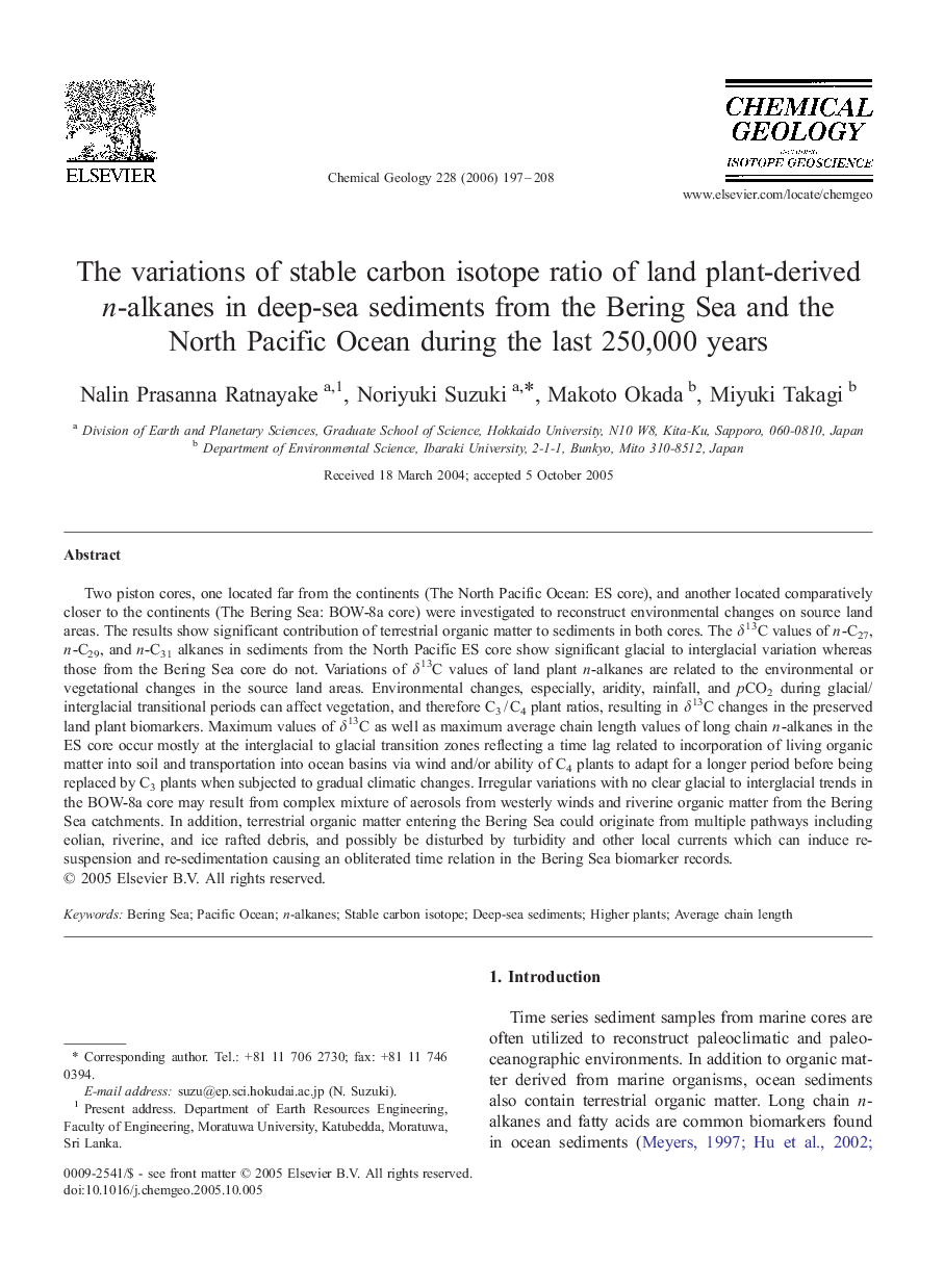 The variations of stable carbon isotope ratio of land plant-derived n-alkanes in deep-sea sediments from the Bering Sea and the North Pacific Ocean during the last 250,000 years