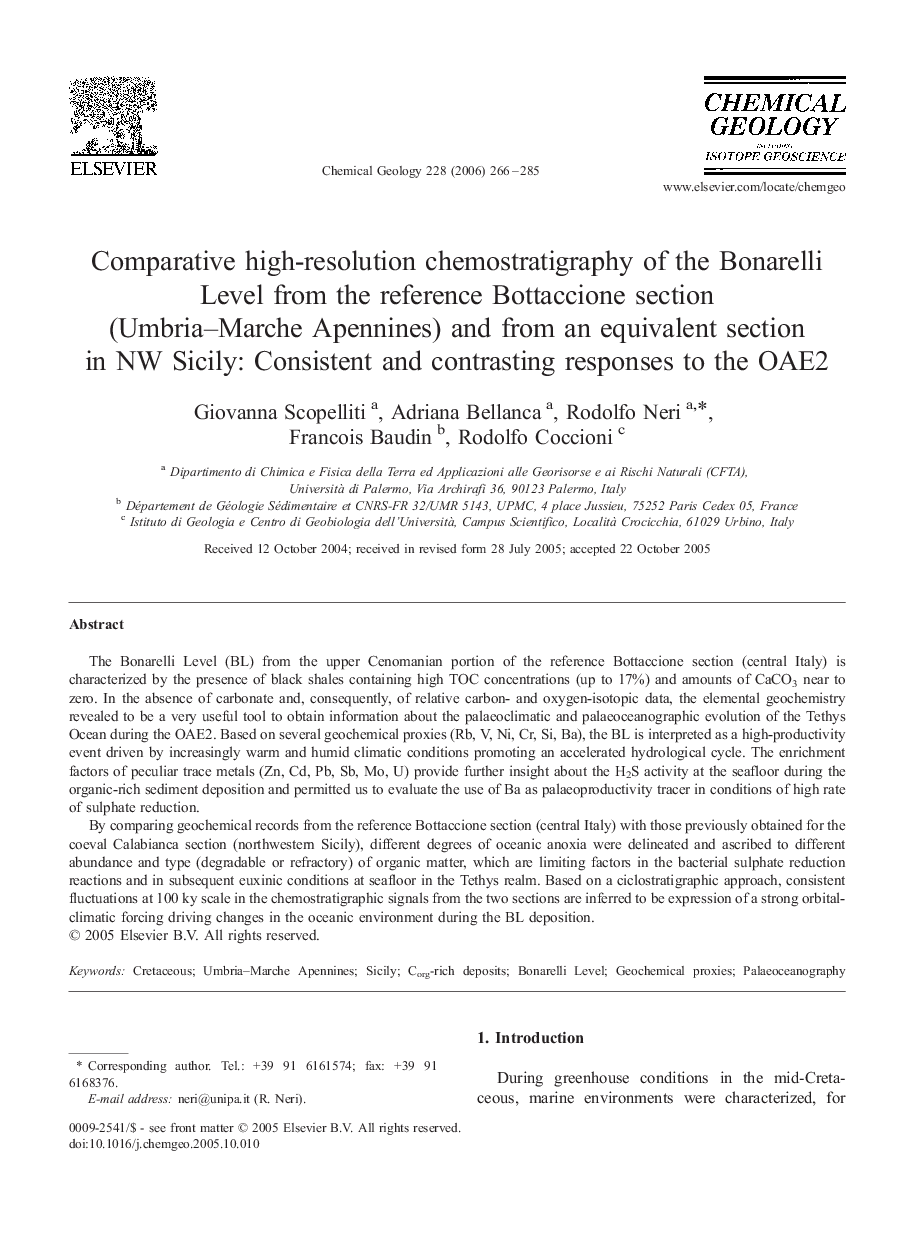 عکس صفحه اول مقاله: Comparative high-resolution chemostratigraphy of the Bonarelli Level from the reference Bottaccione section (Umbria-Marche Apennines) and from an equivalent section in NW Sicily: Consistent and contrasting responses to the OAE2 Comparative high-resolution chemostratigraphy of the Bonarelli Level from the reference Bottaccione section (Umbria-Marche Apennines) and from an equivalent section in NW Sicily: Consistent and contrasting responses to the OAE2