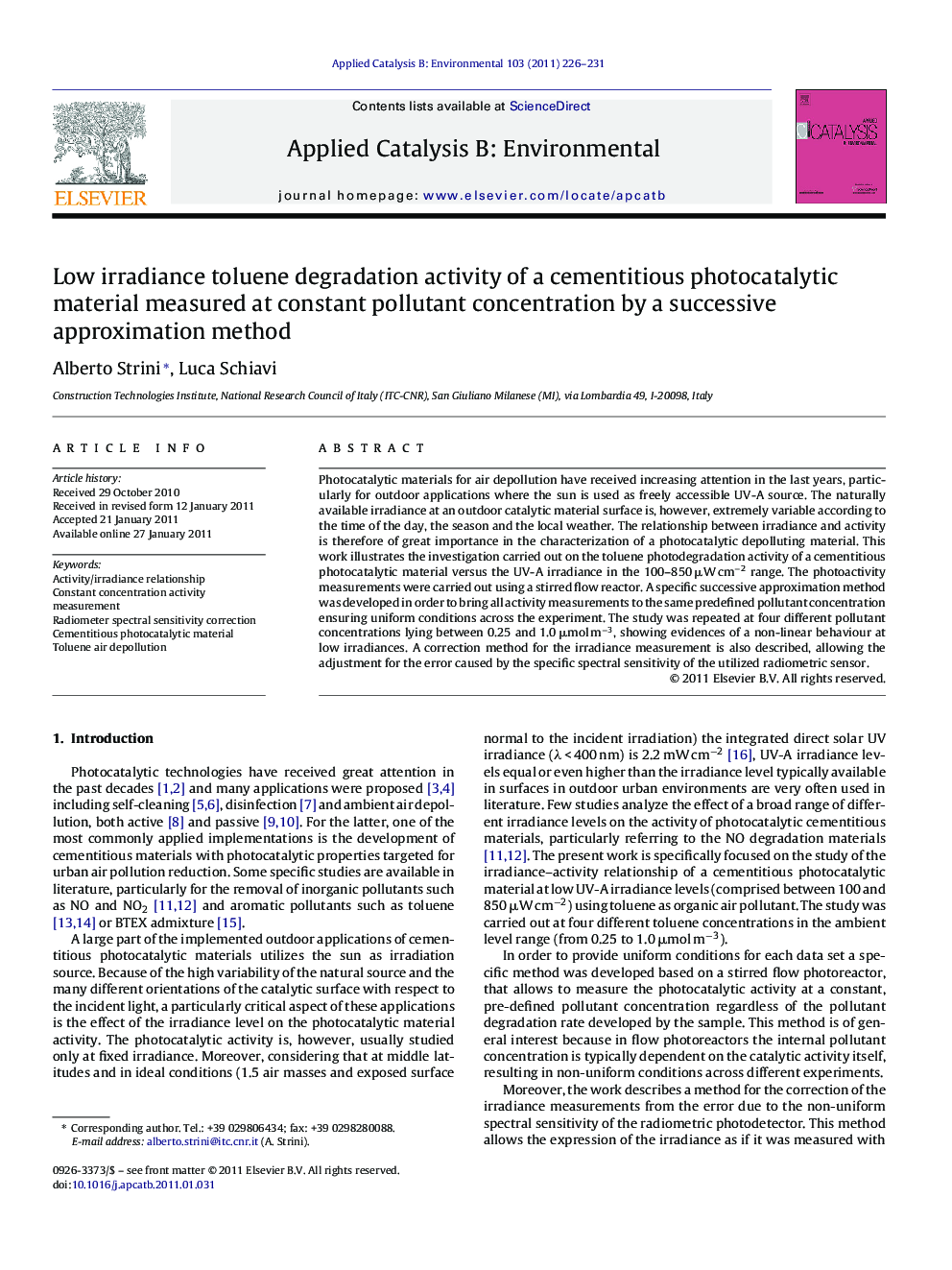 Low irradiance toluene degradation activity of a cementitious photocatalytic material measured at constant pollutant concentration by a successive approximation method