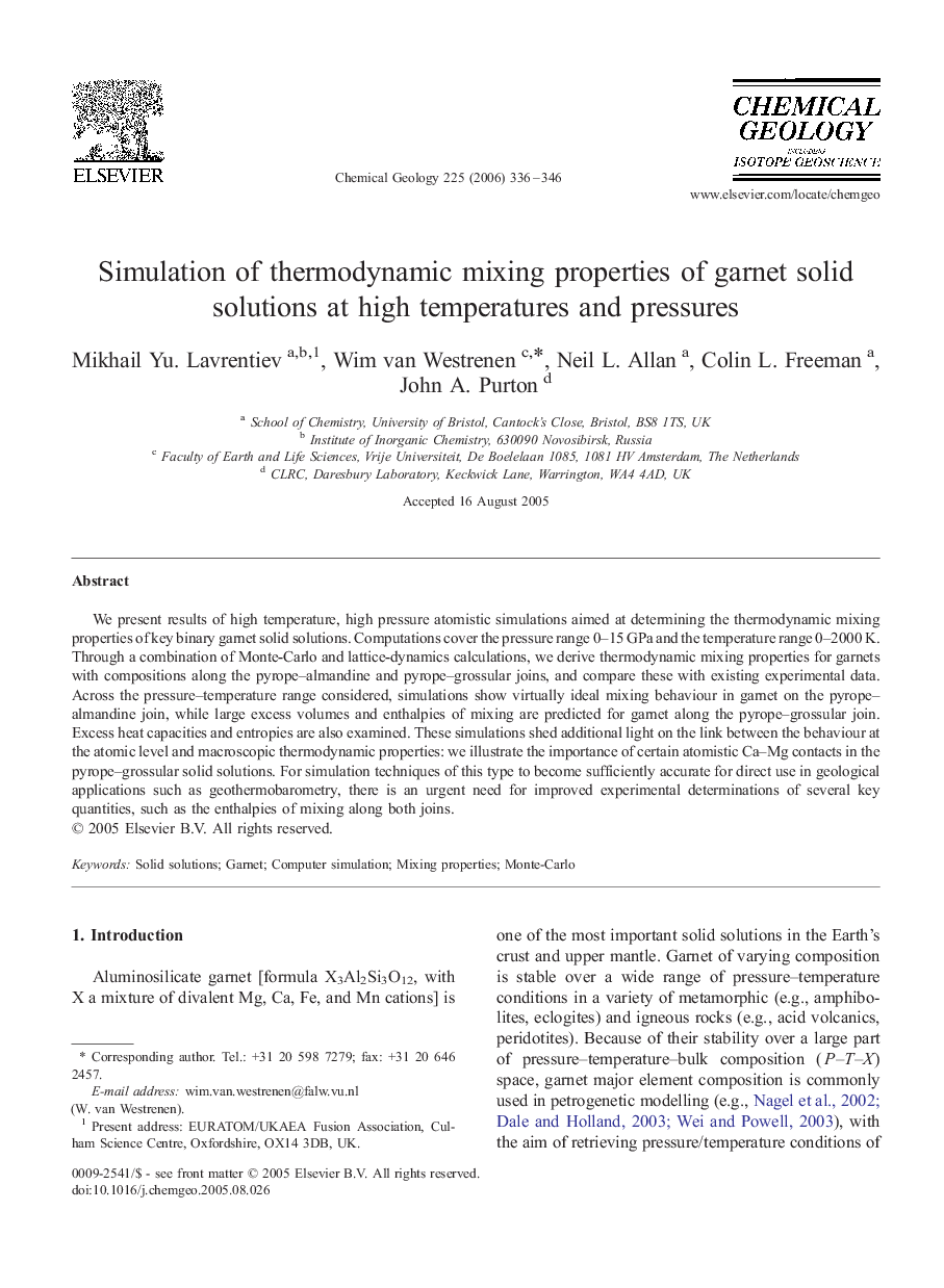 Simulation of thermodynamic mixing properties of garnet solid solutions at high temperatures and pressures