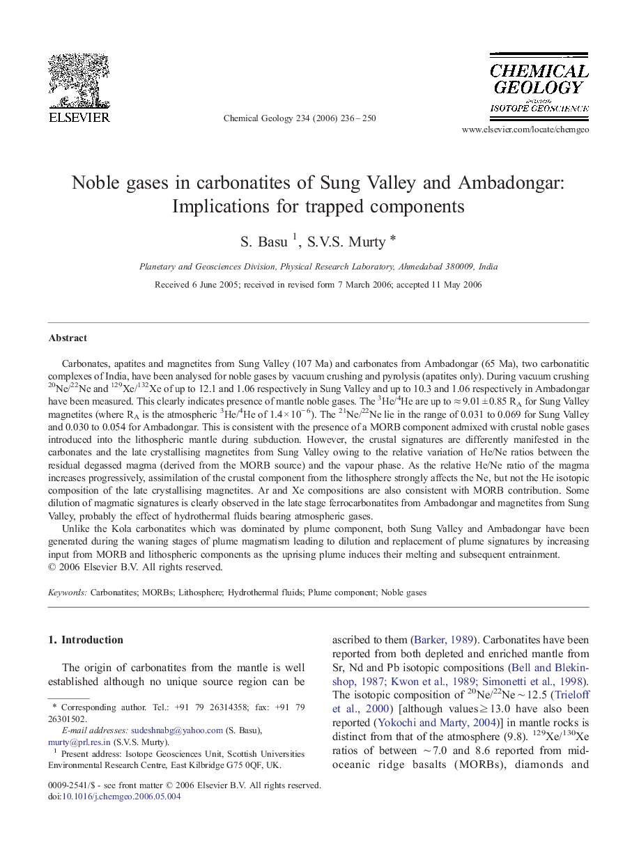 Noble gases in carbonatites of Sung Valley and Ambadongar: Implications for trapped components