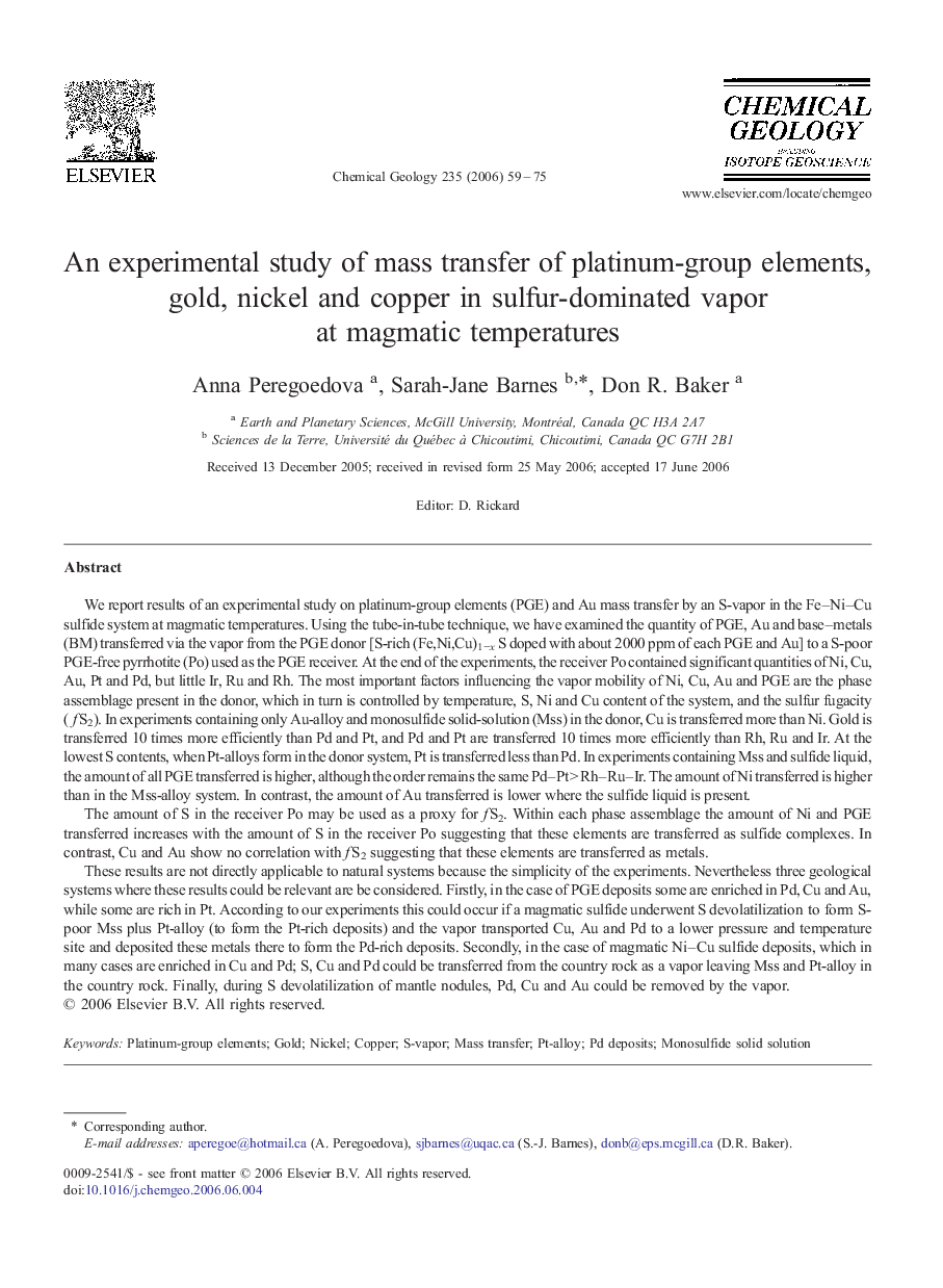 An experimental study of mass transfer of platinum-group elements, gold, nickel and copper in sulfur-dominated vapor at magmatic temperatures