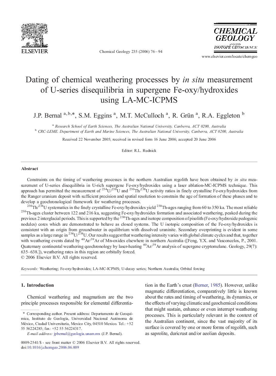 Dating of chemical weathering processes by in situ measurement of U-series disequilibria in supergene Fe-oxy/hydroxides using LA-MC-ICPMS