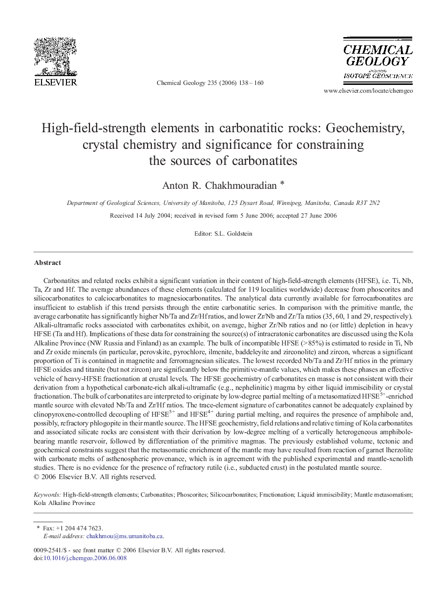 High-field-strength elements in carbonatitic rocks: Geochemistry, crystal chemistry and significance for constraining the sources of carbonatites