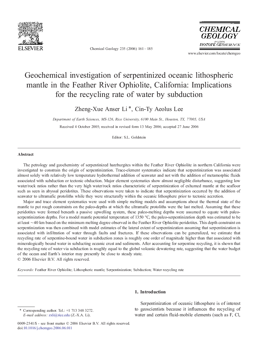 Geochemical investigation of serpentinized oceanic lithospheric mantle in the Feather River Ophiolite, California: Implications for the recycling rate of water by subduction