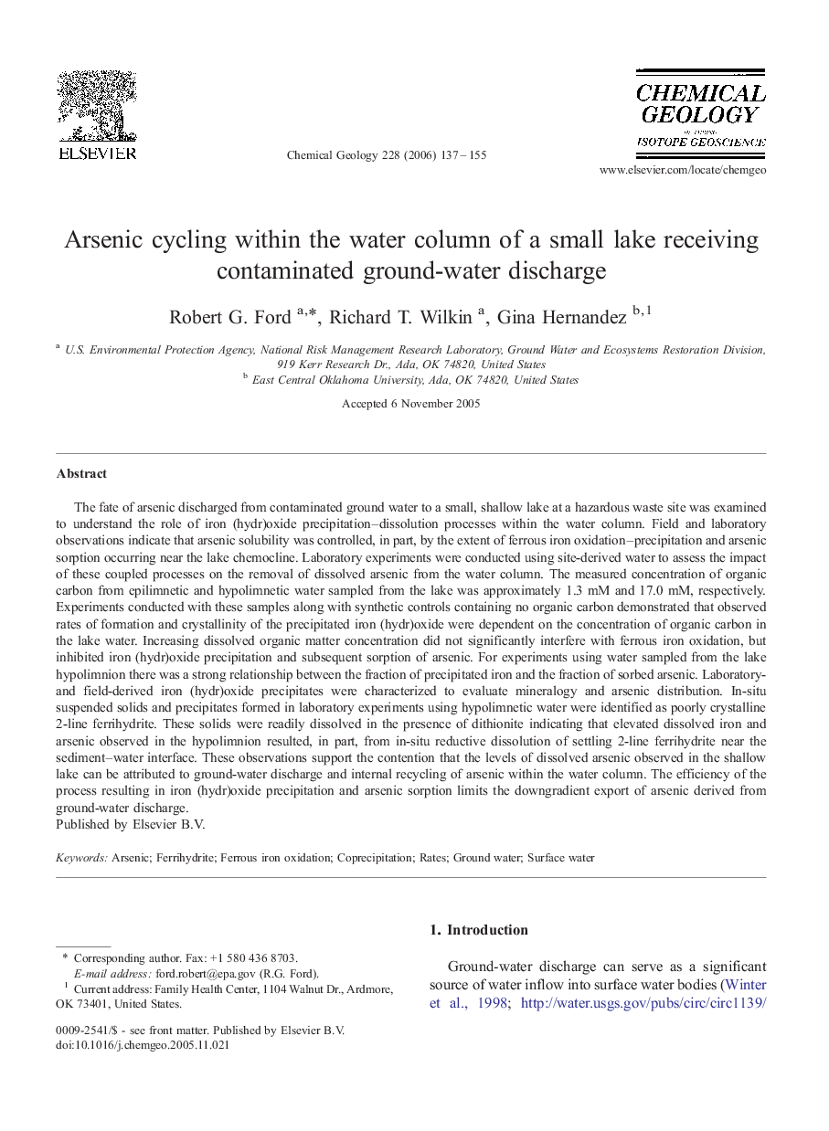 Arsenic cycling within the water column of a small lake receiving contaminated ground-water discharge