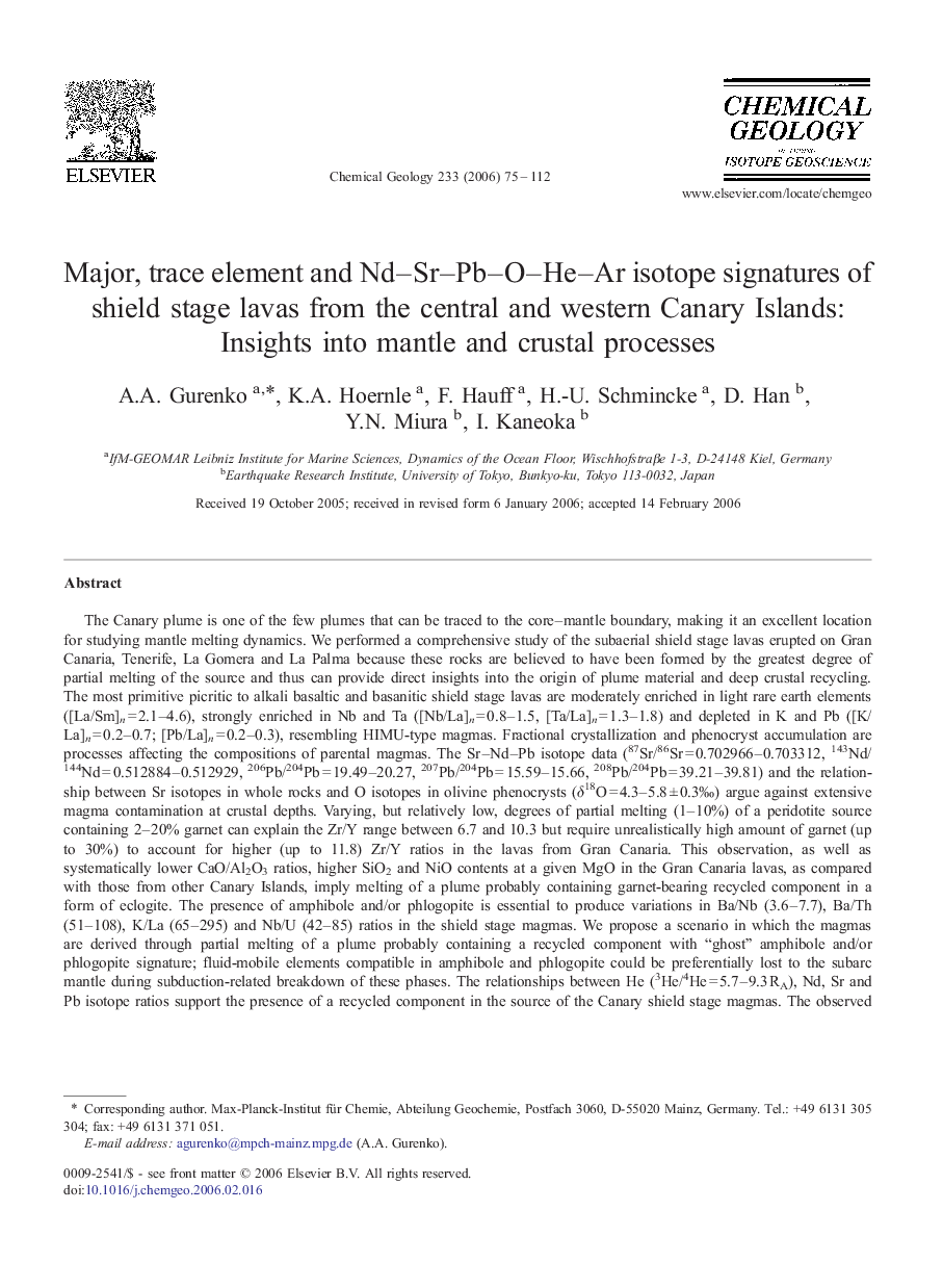 Major, trace element and Nd–Sr–Pb–O–He–Ar isotope signatures of shield stage lavas from the central and western Canary Islands: Insights into mantle and crustal processes