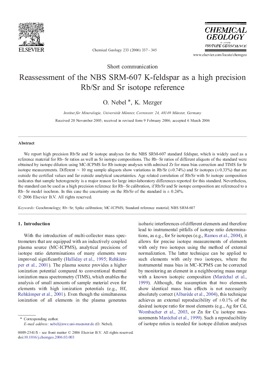 Reassessment of the NBS SRM-607 K-feldspar as a high precision Rb/Sr and Sr isotope reference