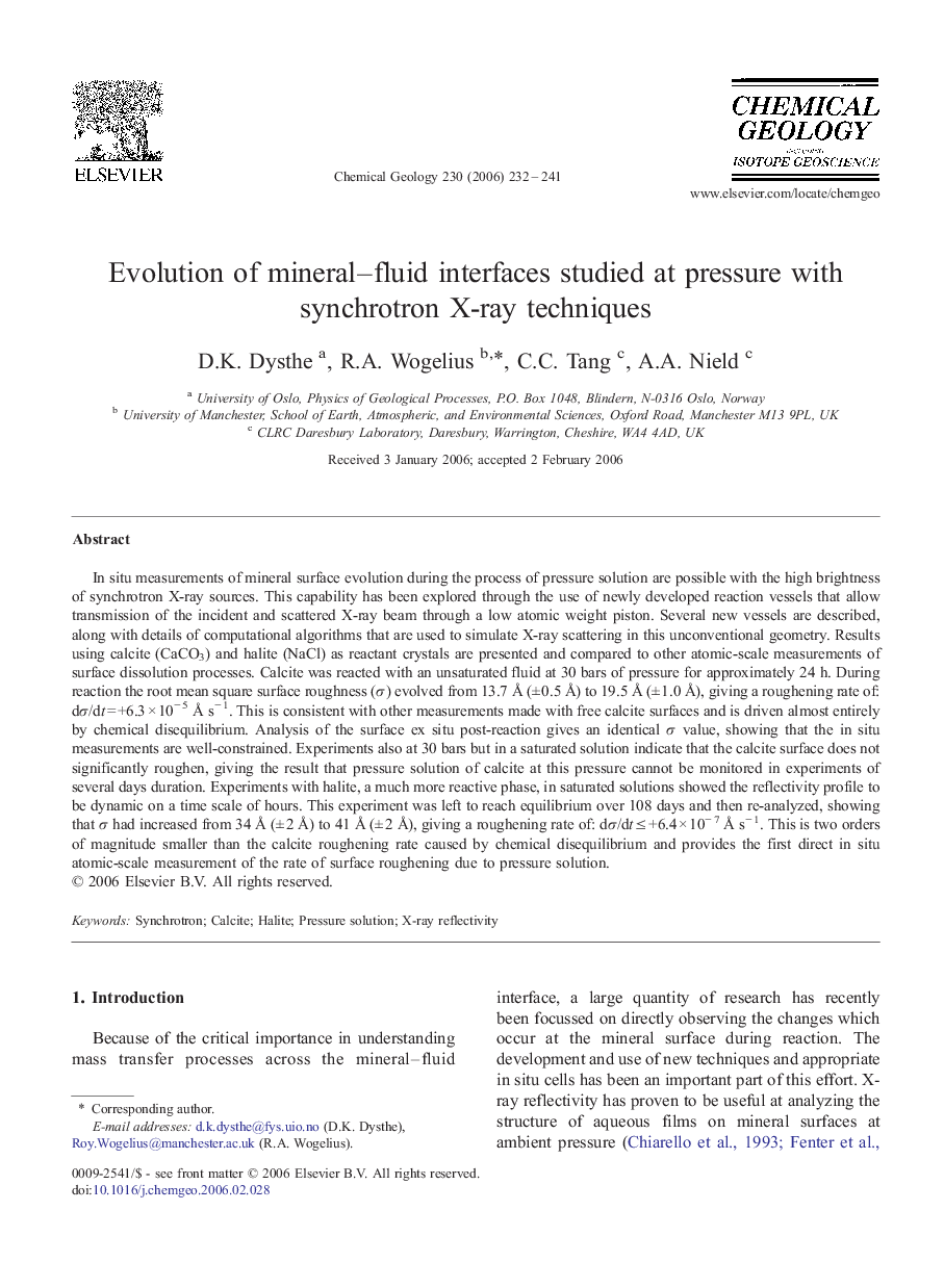 Evolution of mineral–fluid interfaces studied at pressure with synchrotron X-ray techniques