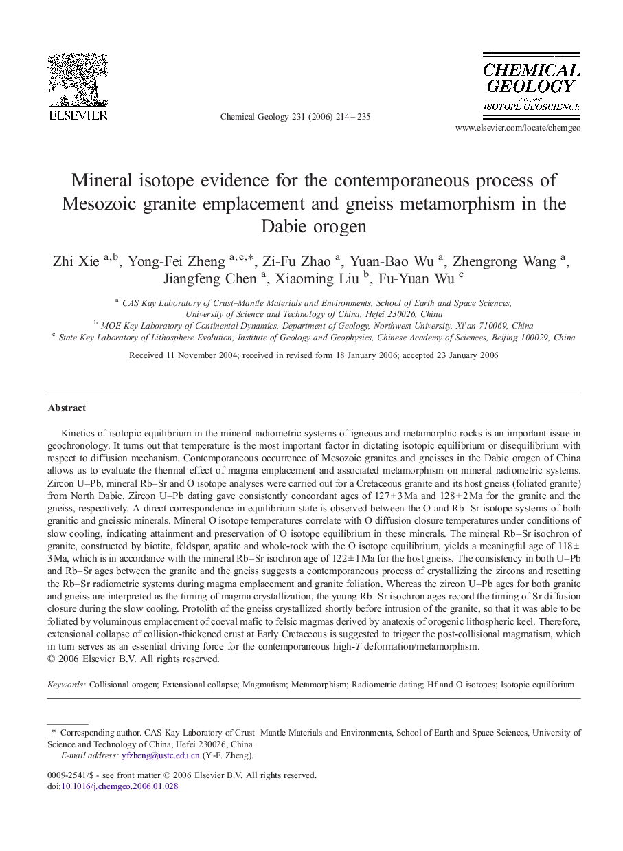 Mineral isotope evidence for the contemporaneous process of Mesozoic granite emplacement and gneiss metamorphism in the Dabie orogen