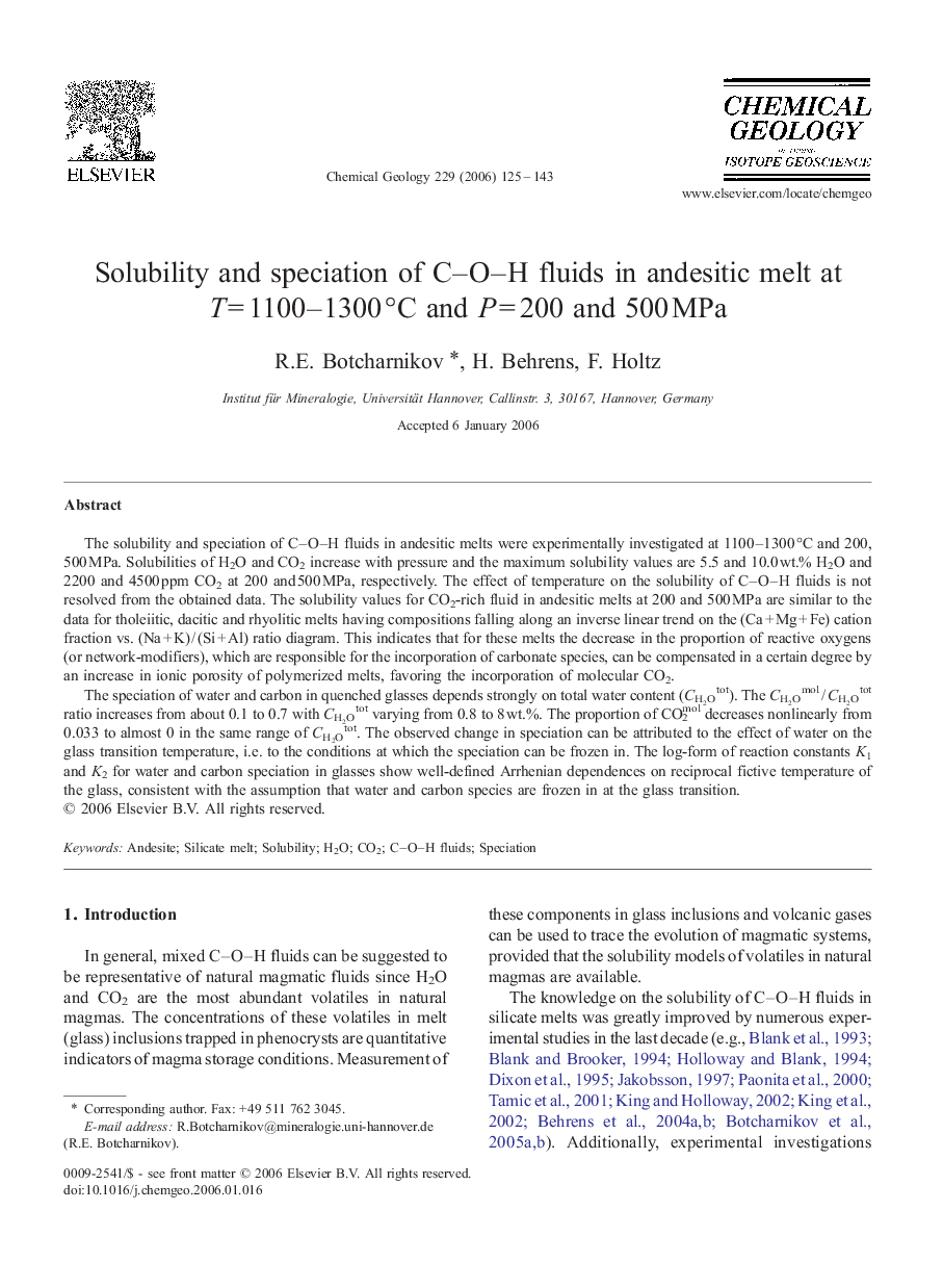 Solubility and speciation of C–O–H fluids in andesitic melt at T = 1100–1300 °C and P = 200 and 500 MPa