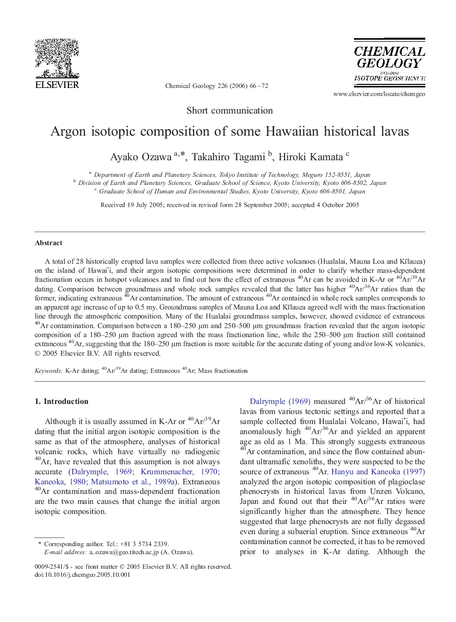 Argon isotopic composition of some Hawaiian historical lavas