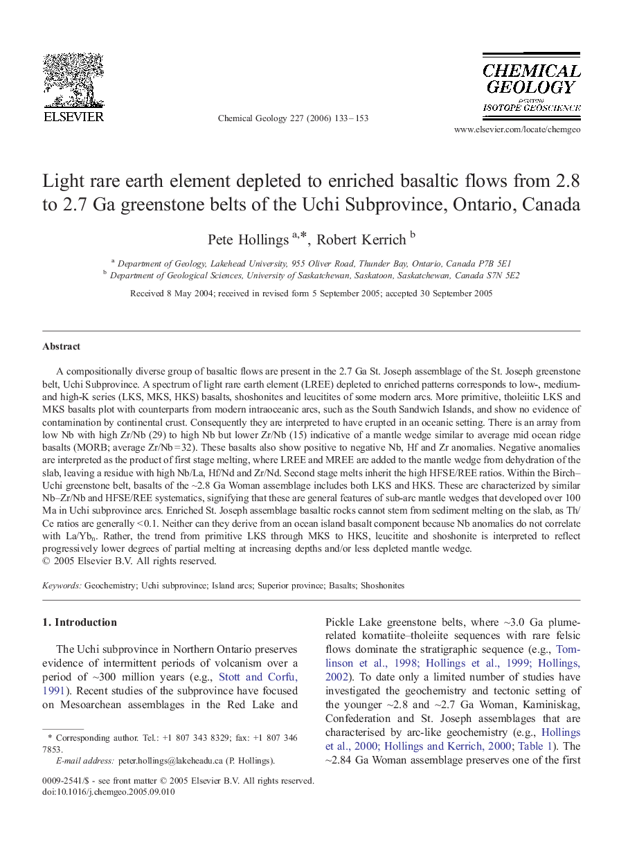 عکس صفحه اول مقاله: Light rare earth element depleted to enriched basaltic flows from 2.8 to 2.7 Ga greenstone belts of the Uchi Subprovince, Ontario, Canada Light rare earth element depleted to enriched basaltic flows from 2.8 to 2.7 Ga greenstone belts of the Uchi Subprovince, Ontario, Canada