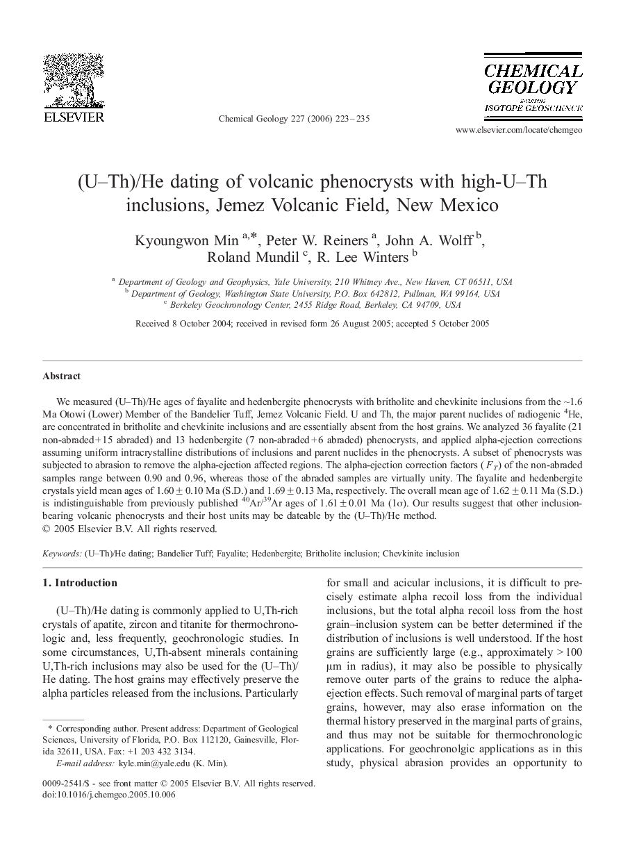 (U–Th)/He dating of volcanic phenocrysts with high-U–Th inclusions, Jemez Volcanic Field, New Mexico