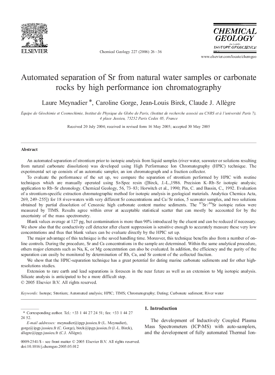 Automated separation of Sr from natural water samples or carbonate rocks by high performance ion chromatography