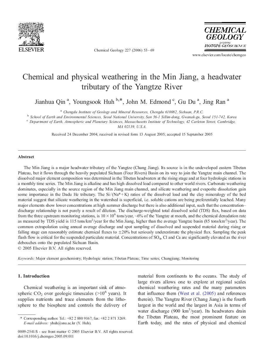 Chemical and physical weathering in the Min Jiang, a headwater tributary of the Yangtze River