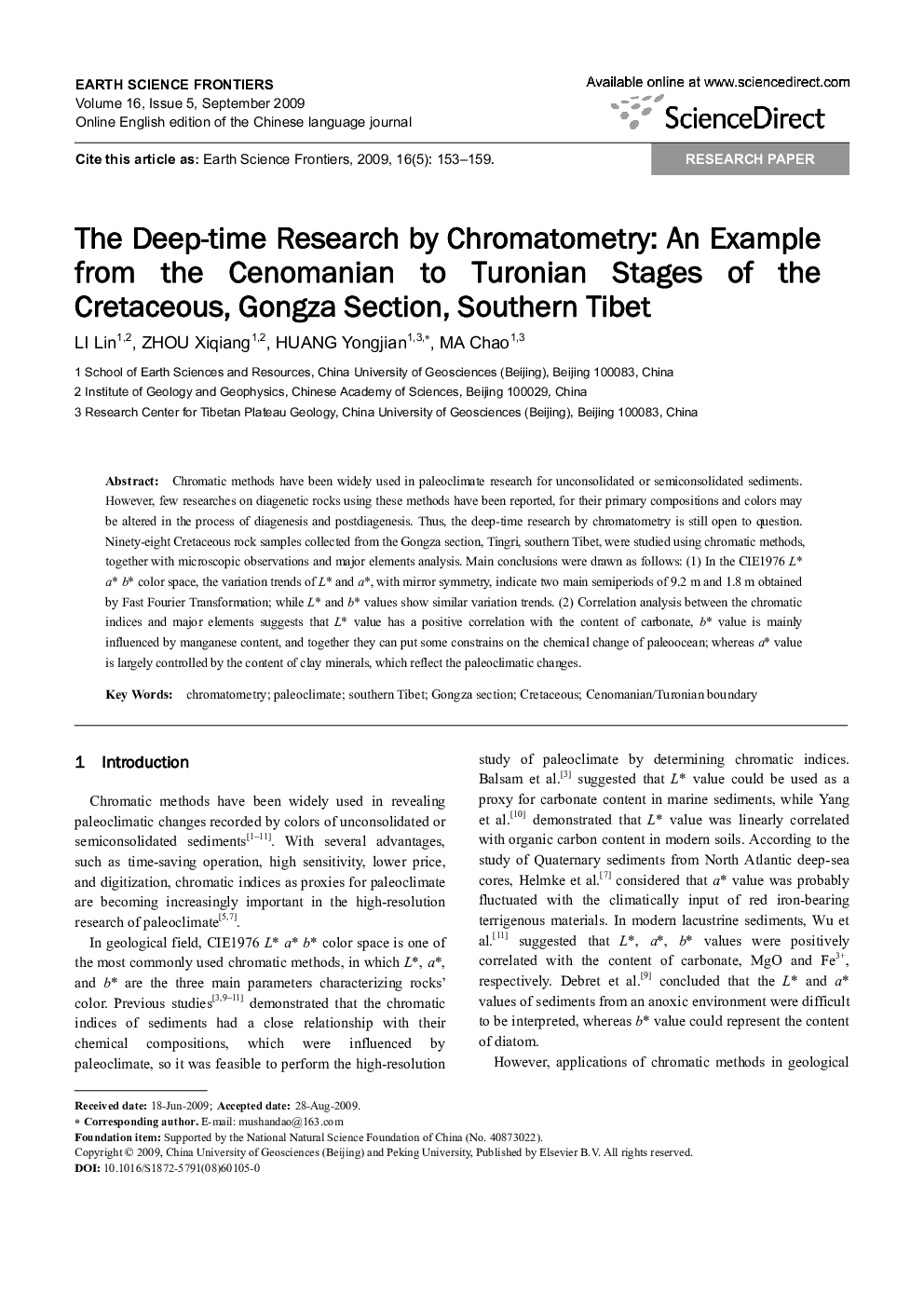 The Deep-time Research by Chromatometry: An Example from the Cenomanian to Turonian Stages of the Cretaceous, Gongza Section, Southern Tibet 
