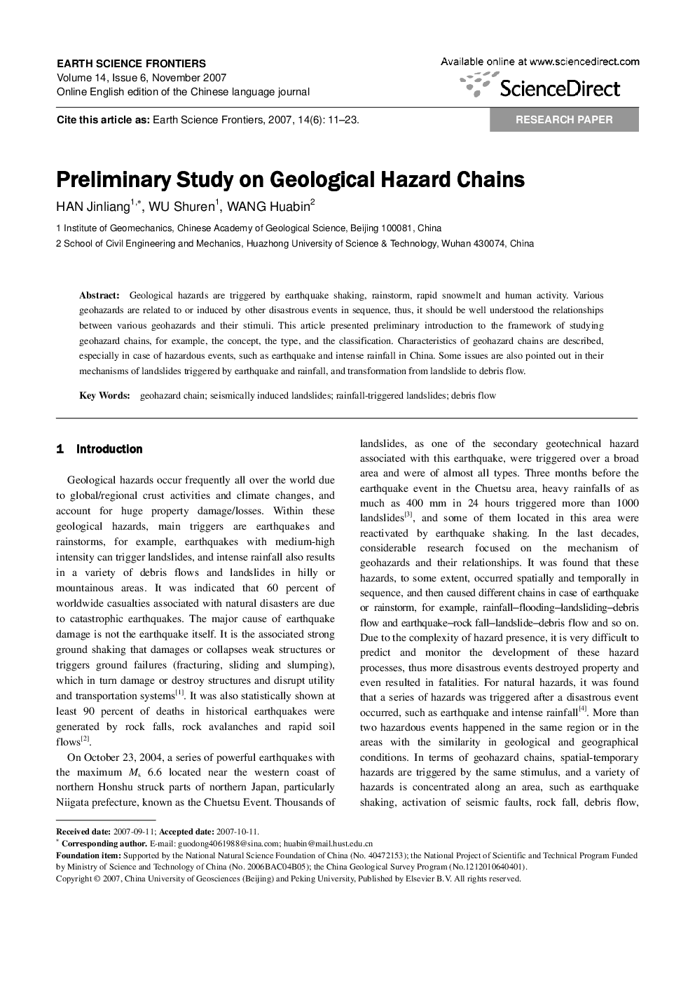 Preliminary Study on Geological Hazard Chains 