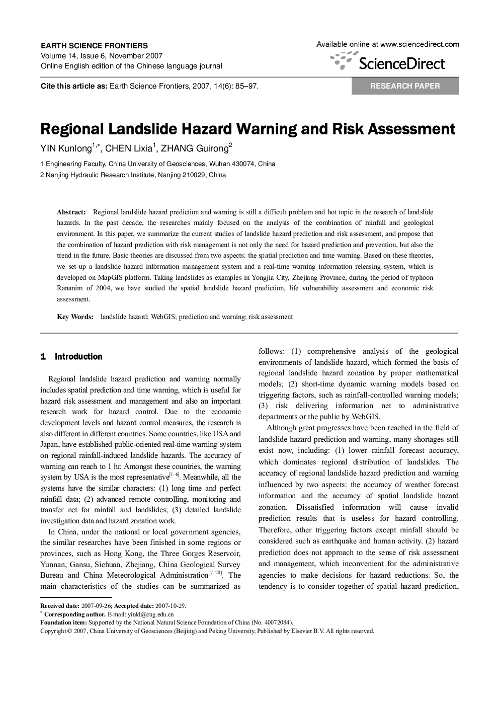 Regional Landslide Hazard Warning and Risk Assessment 