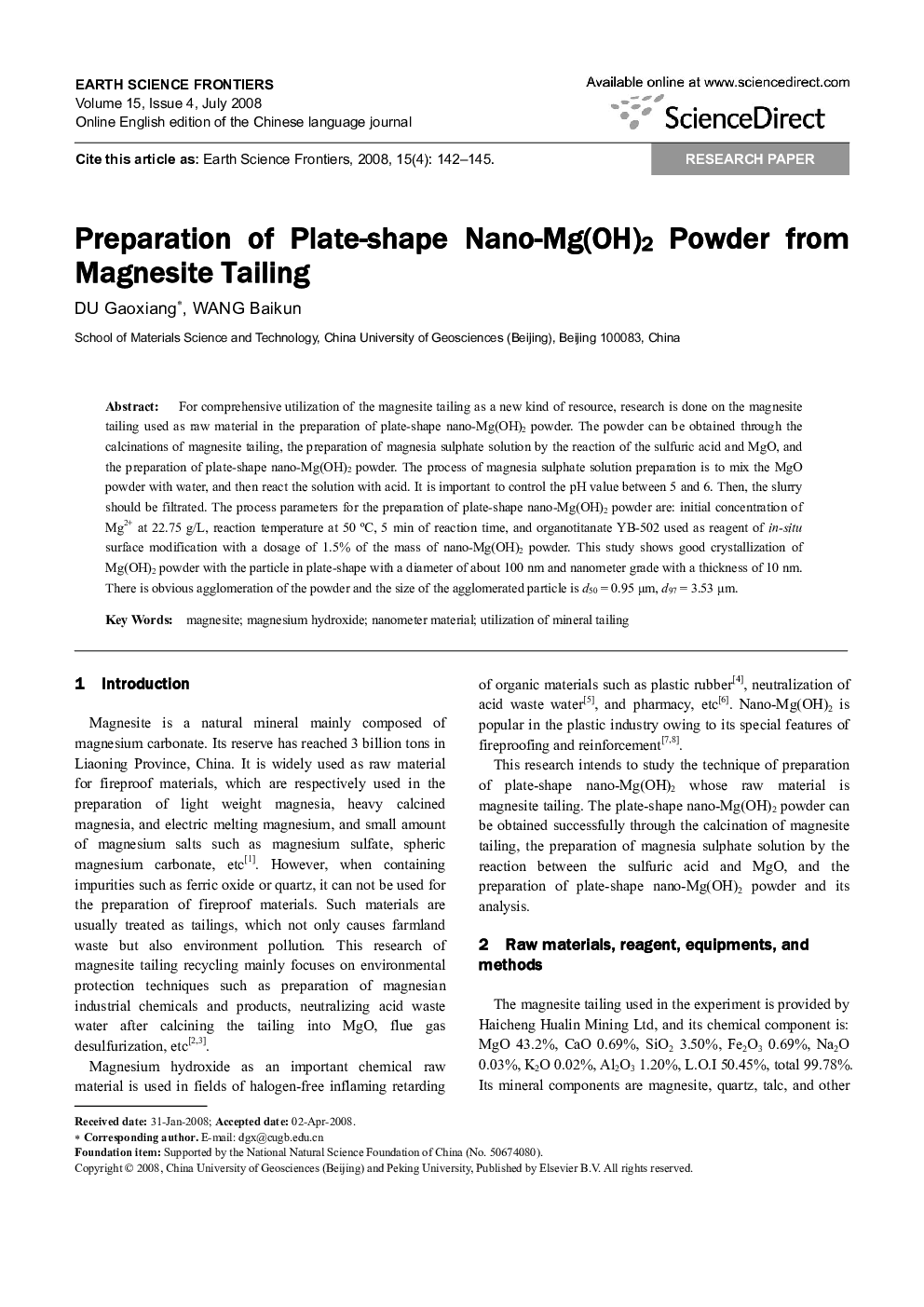 Preparation of Plate-shape Nano-Mg(OH)2 Powder from Magnesite Tailing 