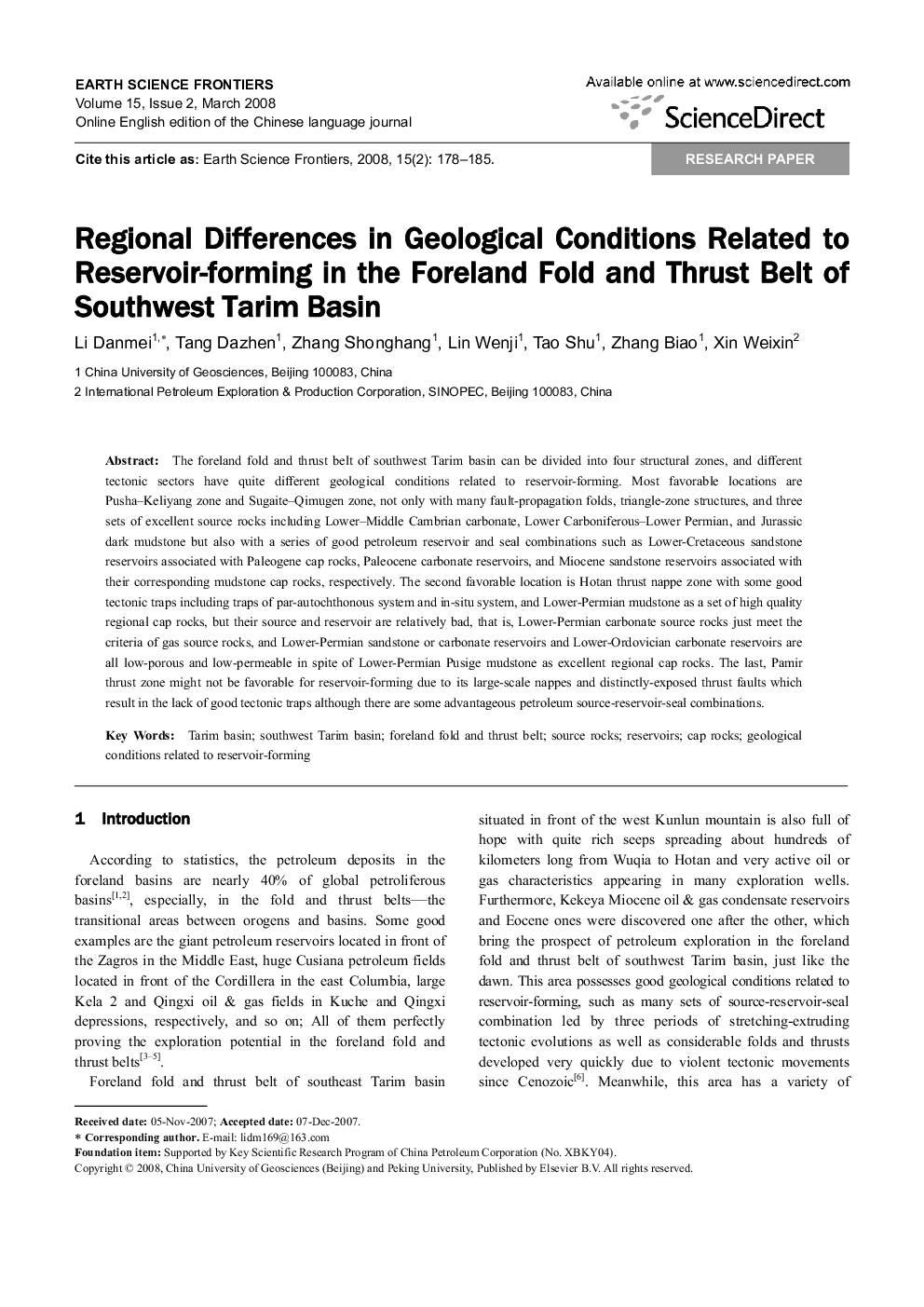 Regional Differences in Geological Conditions Related to Reservoir-forming in the Foreland Fold and Thrust Belt of Southwest Tarim Basin 